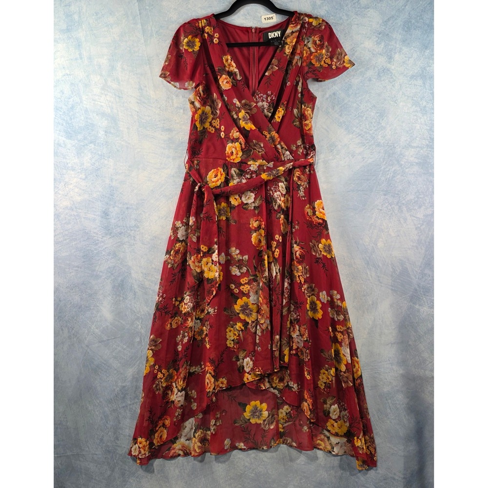 DKNY Burgundy Floral High-Low Maxi Dress Flutter Sleeve Faux‎ Wrap Red Size 6